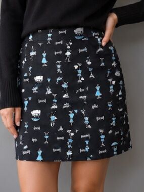 Cleo Petites Size 16 Fashion Print A-Line Skirt Black Blue Made in Canada